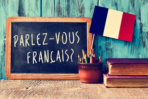 a chalkboard with the question parlez-vous francais? do you speak french? written in french, a pot with pencils and the flag of France, on a wooden desk